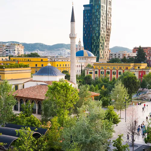 Aerial view of Skanderbeg Square (Sheshi Skënderbej) in Tirana, Albania