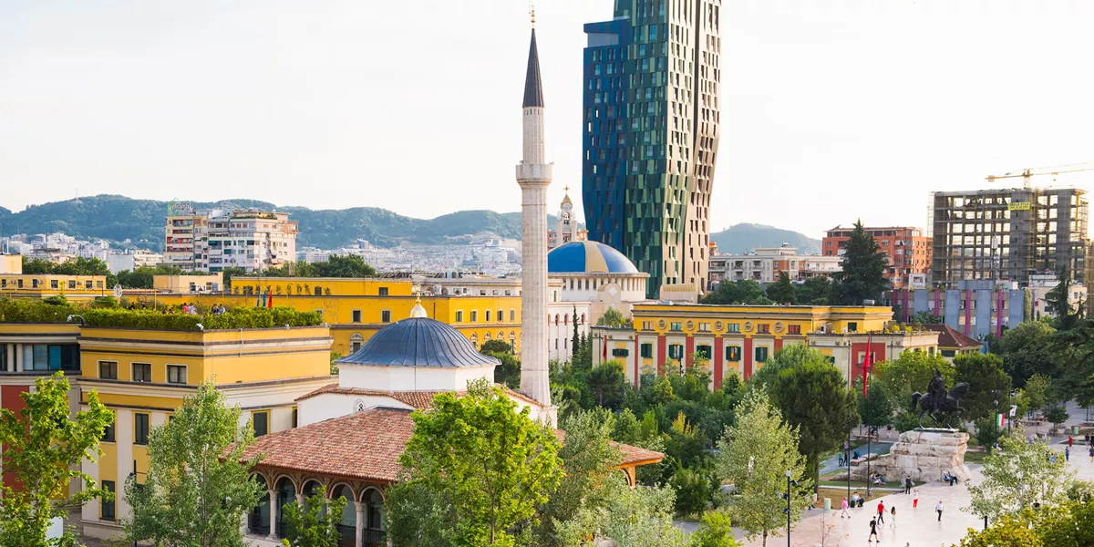 Aerial view of Skanderbeg Square (Sheshi Skënderbej) in Tirana, Albania