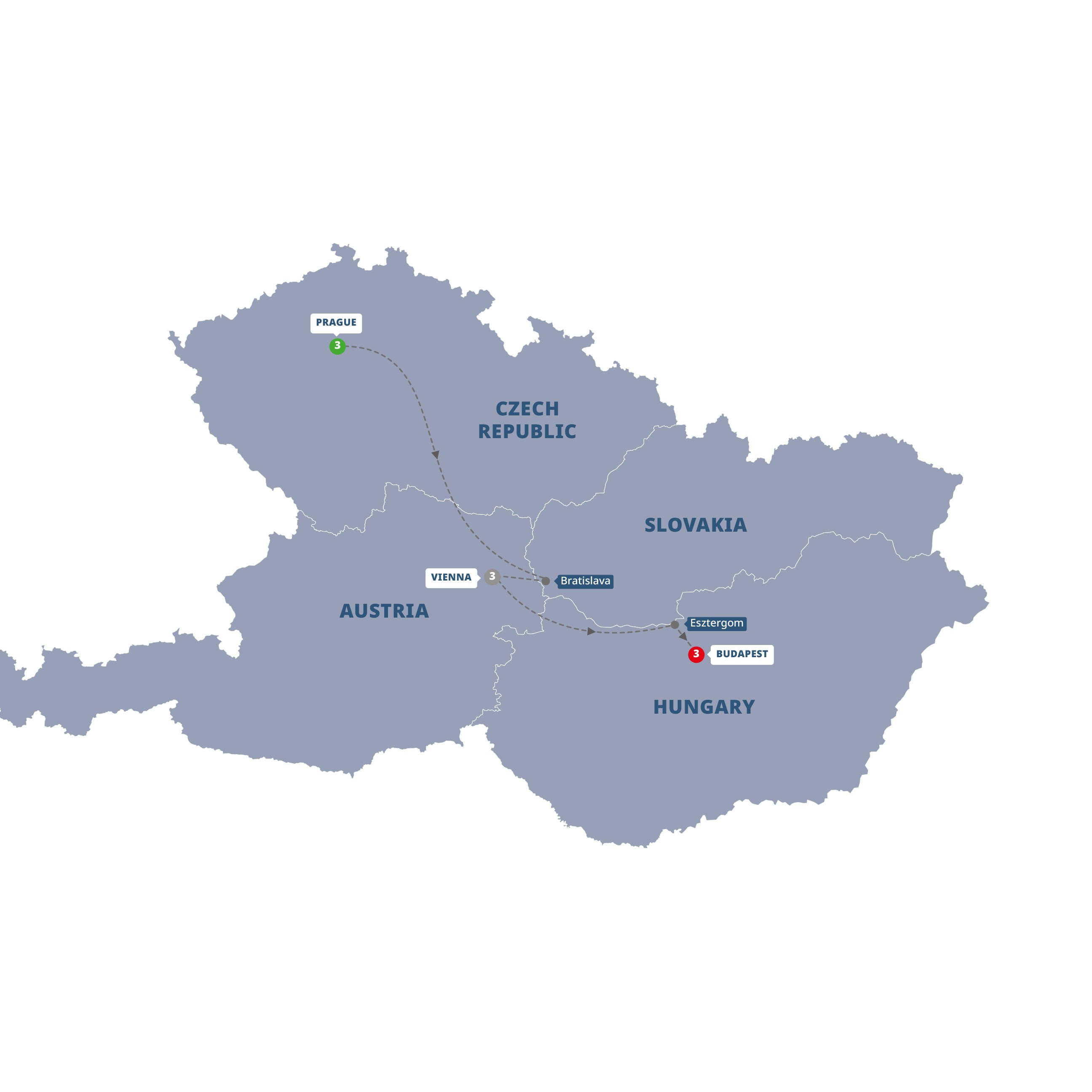 Prague Vienna and Budapest Tour - Map Prague Vienna Budapest Guided Tour 1