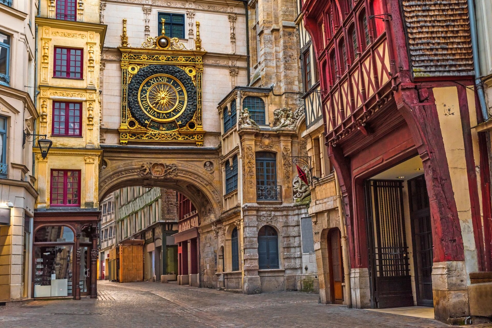The great clock, situated on a historic street in Rouen, Normandy, France