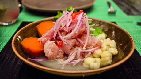 Bowl of Peruvian food