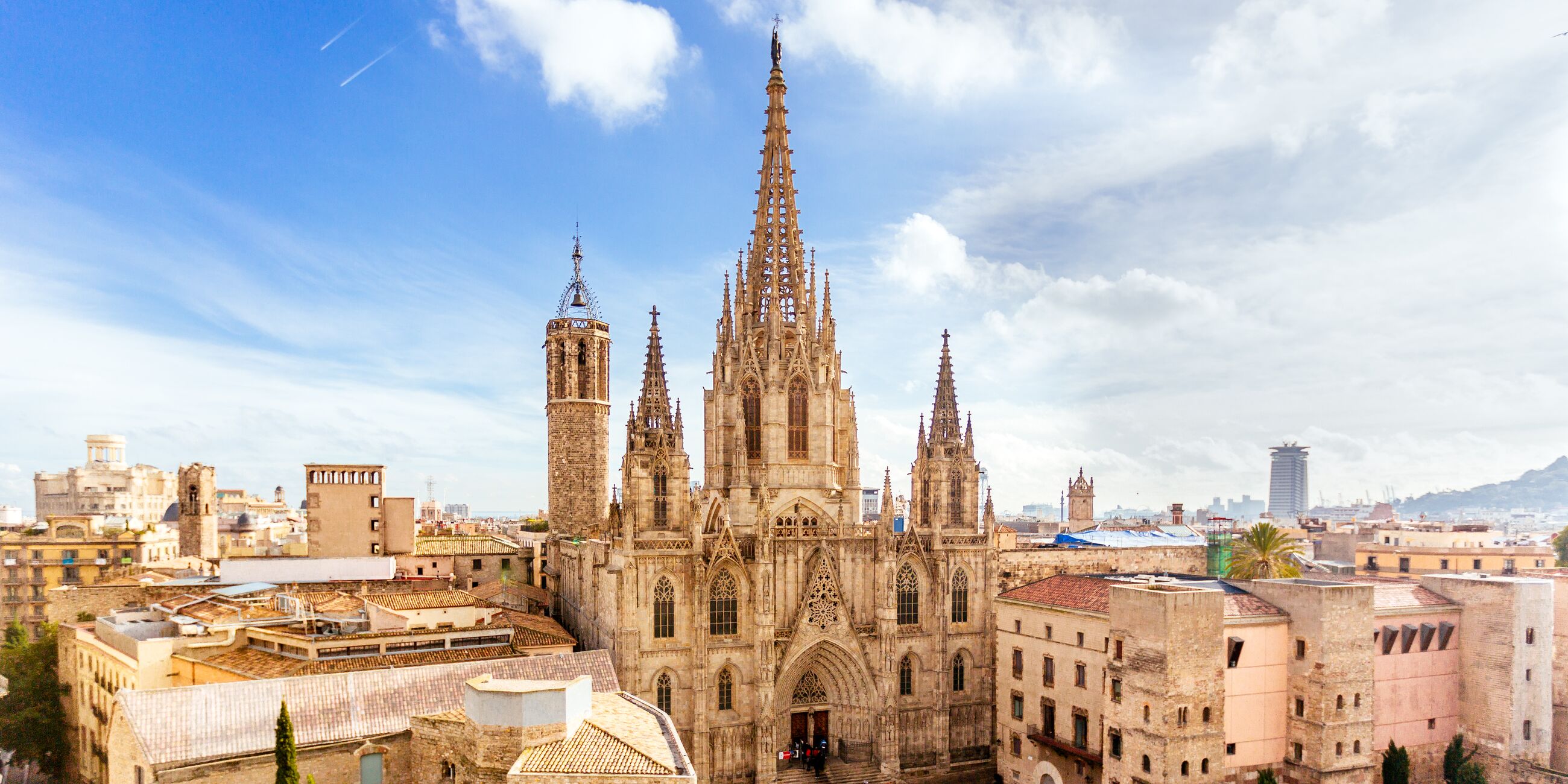 Aerial View of Barcelona skyline with Barcelona Cathedral in Catalonia, Spain 