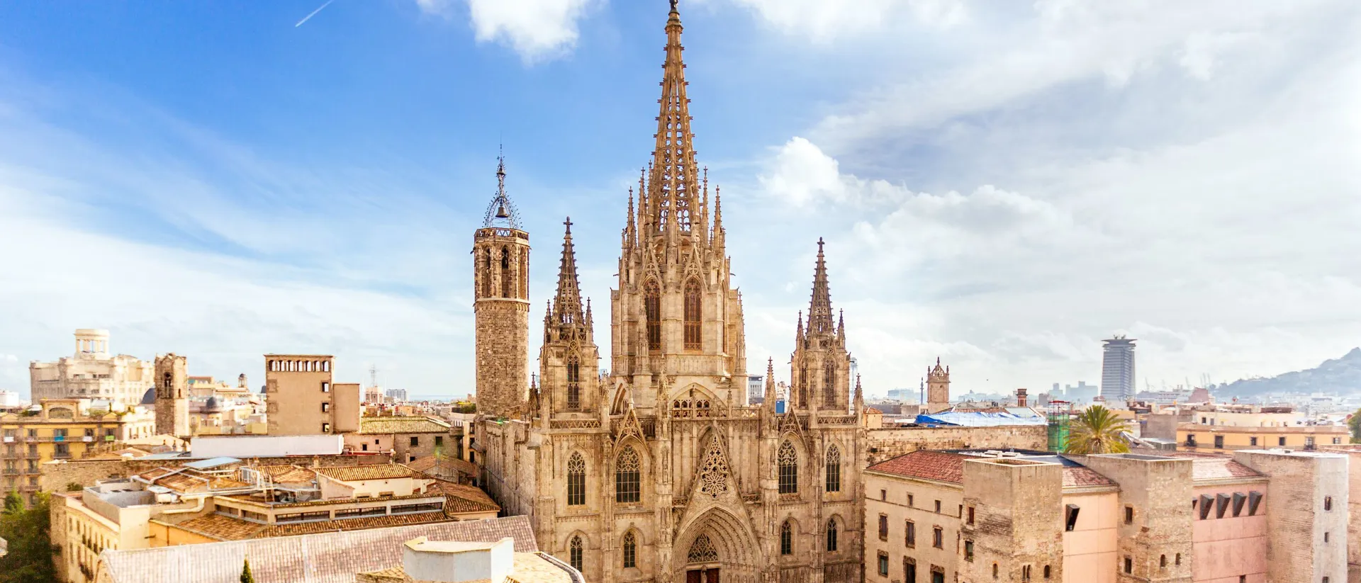 Aerial View of Barcelona skyline with Barcelona Cathedral in Catalonia, Spain