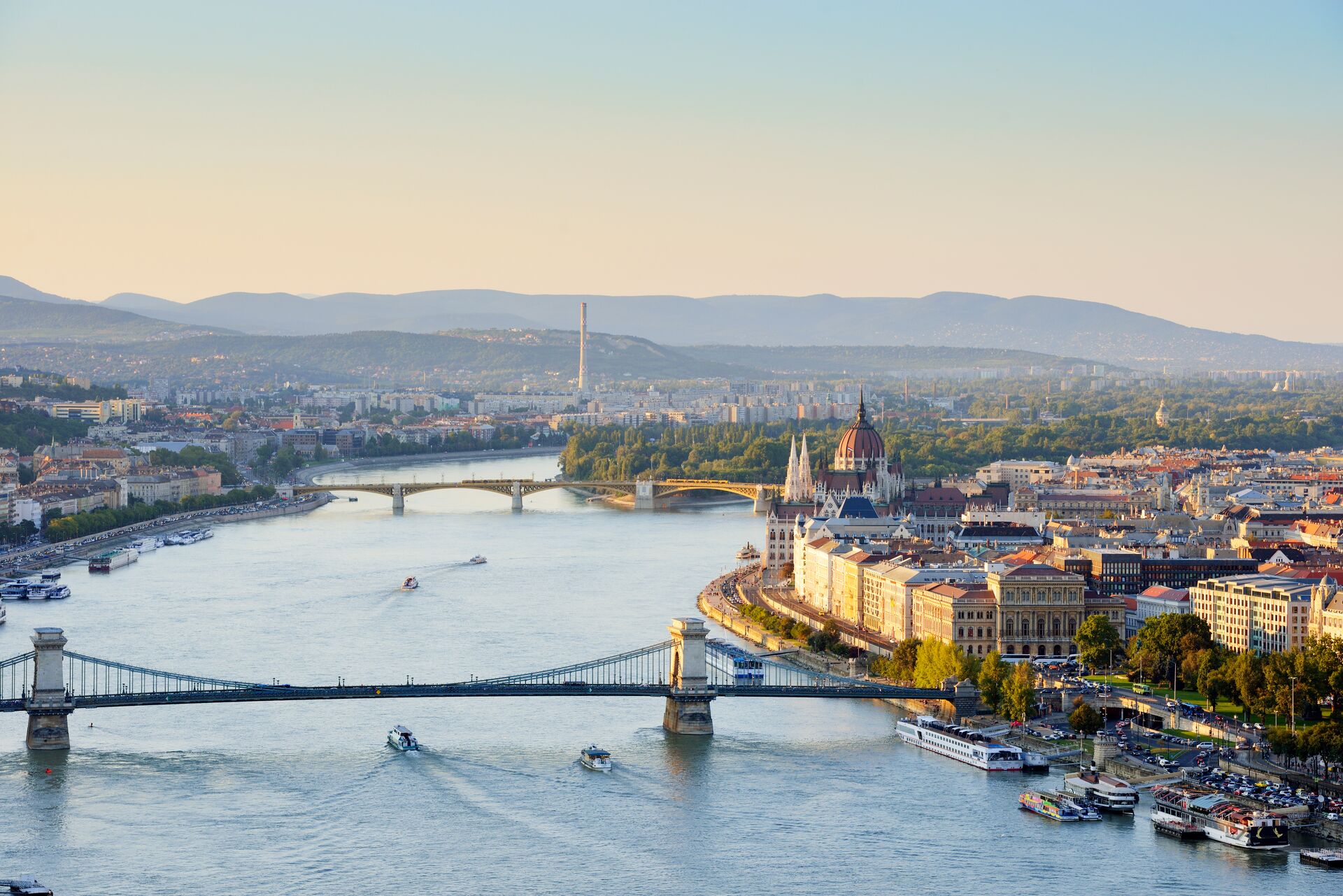 Aerial view of a Margaret Bridge as it crosses the River Danube in Budapest