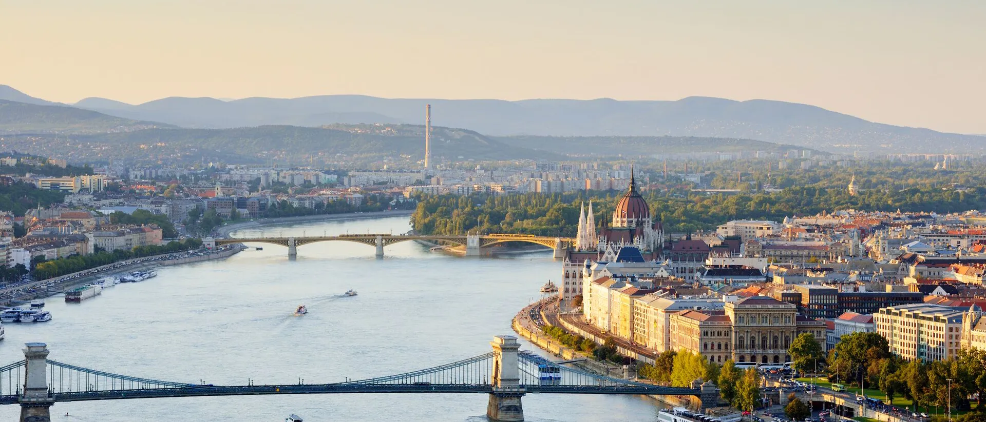 Aerial view of a Margaret Bridge as it crosses the River Danube in Budapest