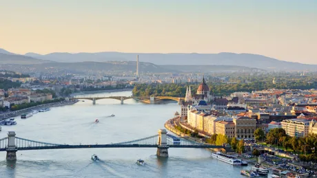 Aerial view of a Margaret Bridge as it crosses the River Danube in Budapest