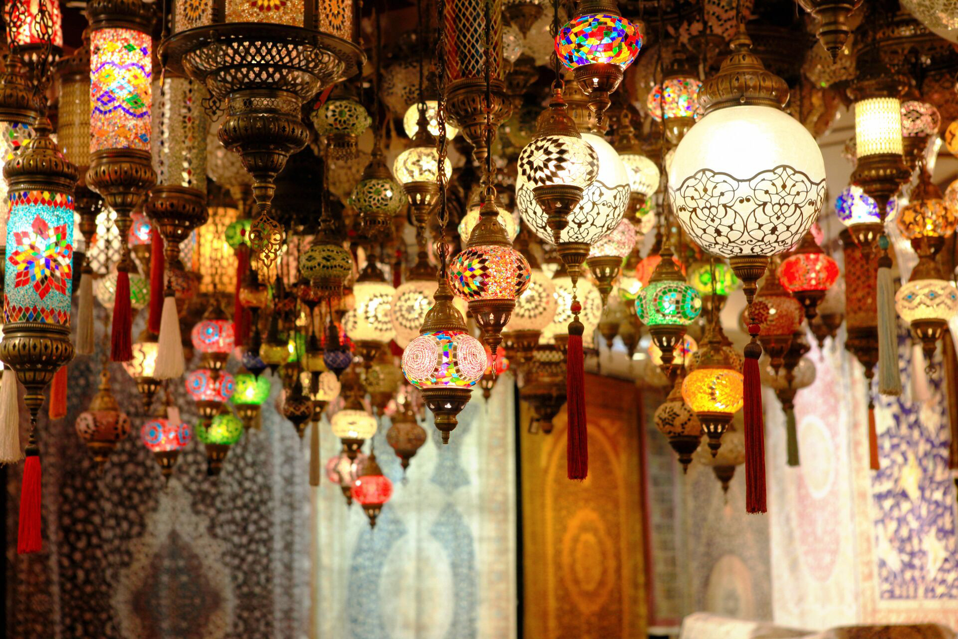 Colourful lanterns hanging from a ceiling in Turkey