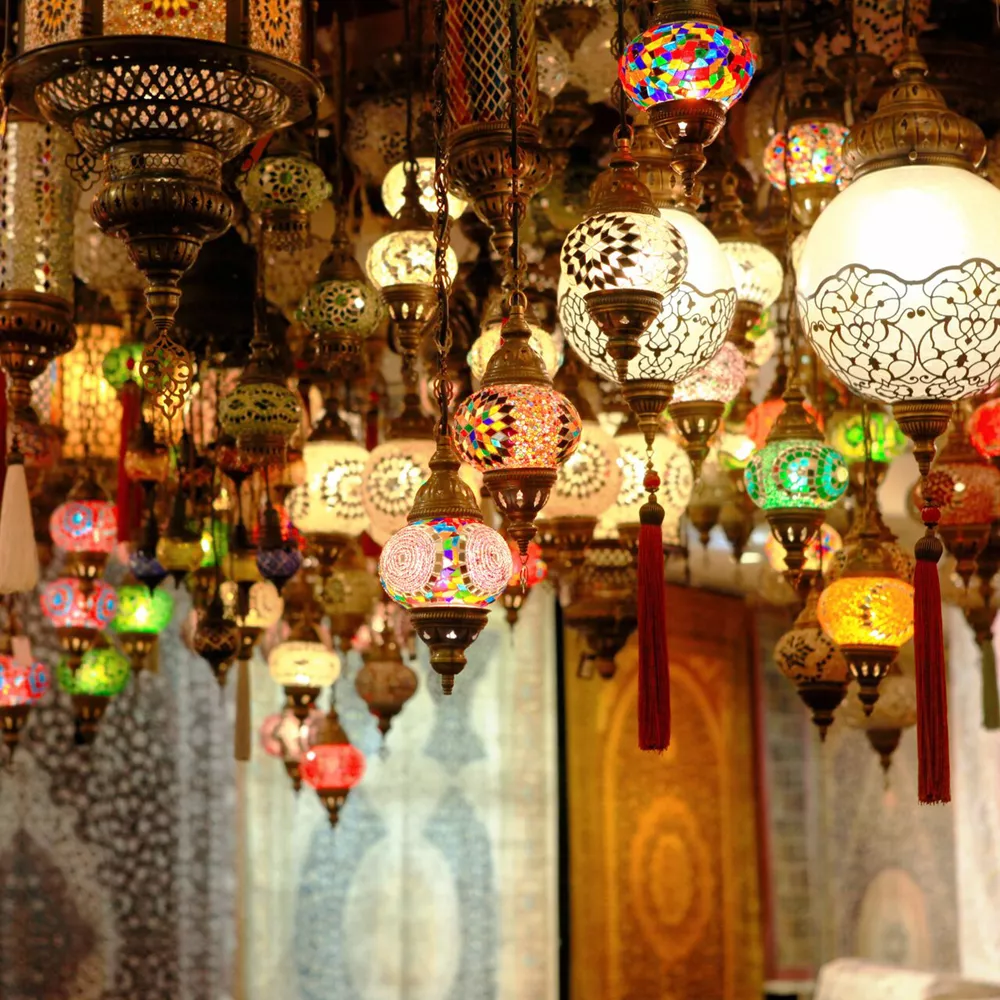 Colourful lanterns hanging from a ceiling in Turkey