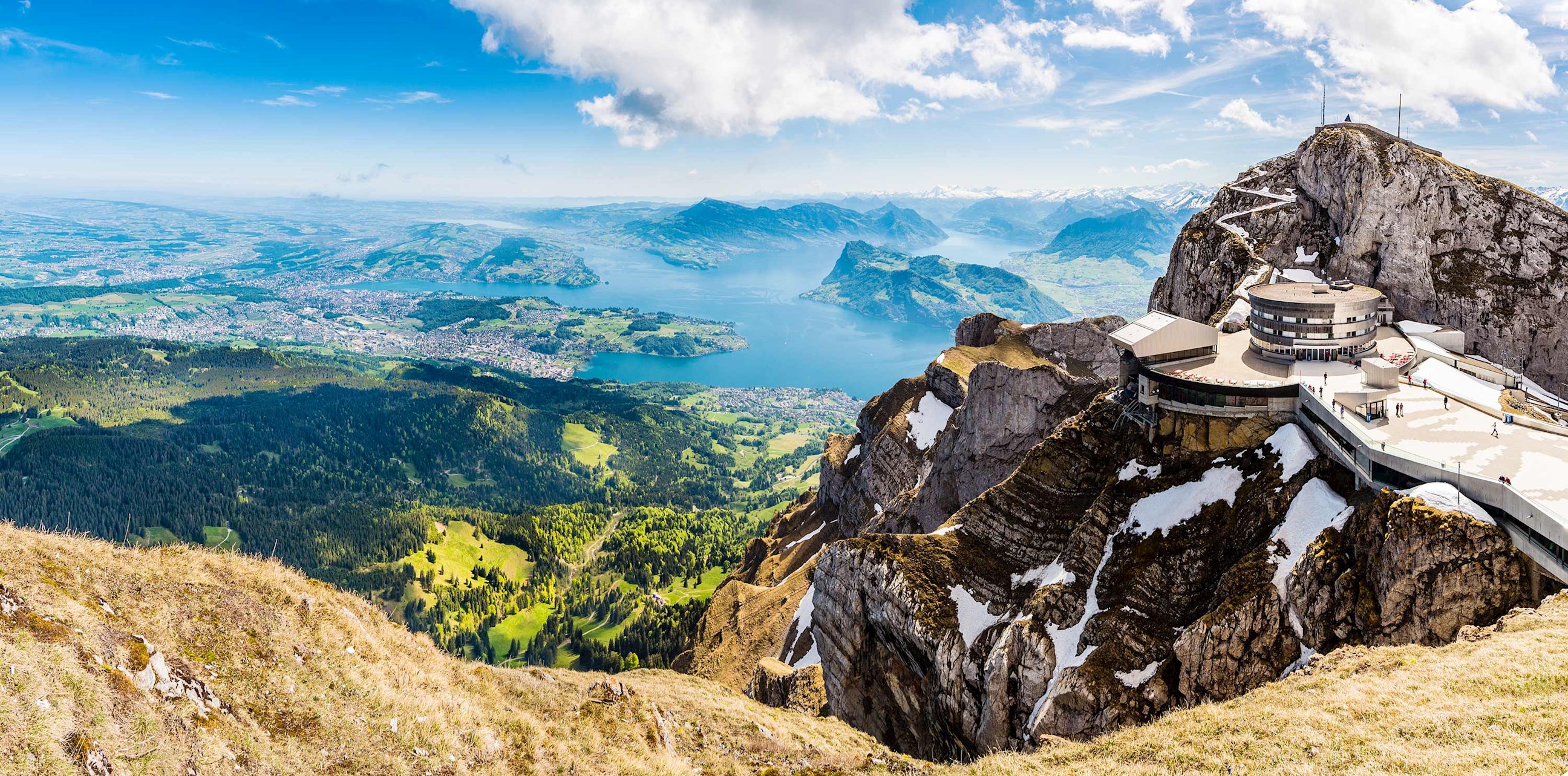 Mount Pilatus summit with viewing platform overlooking Lake Lucerne, Switzerland