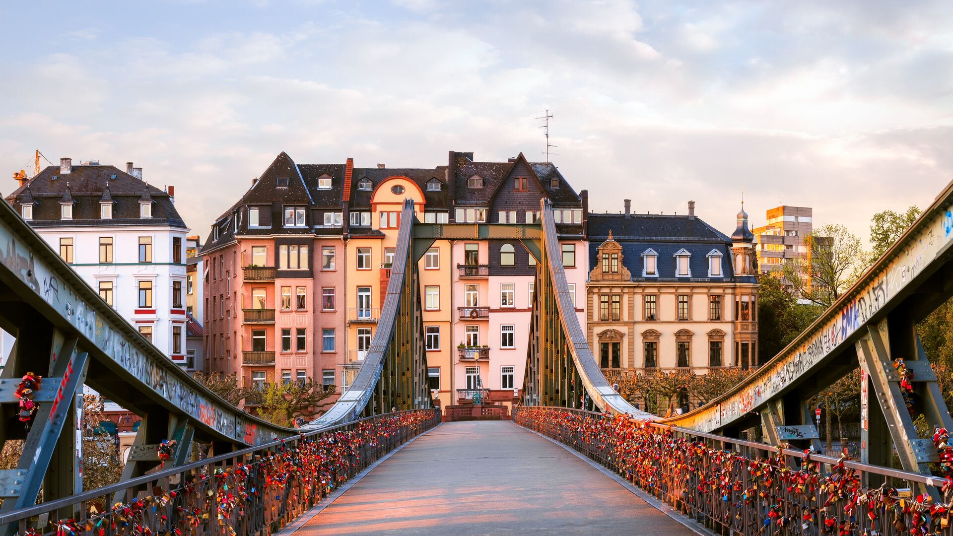 Cinematic shot of the Iron Bridge in Frankfurt, Germany with no people around