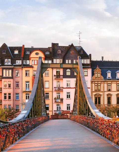 Cinematic shot of the Iron Bridge in Frankfurt, Germany with no people around
