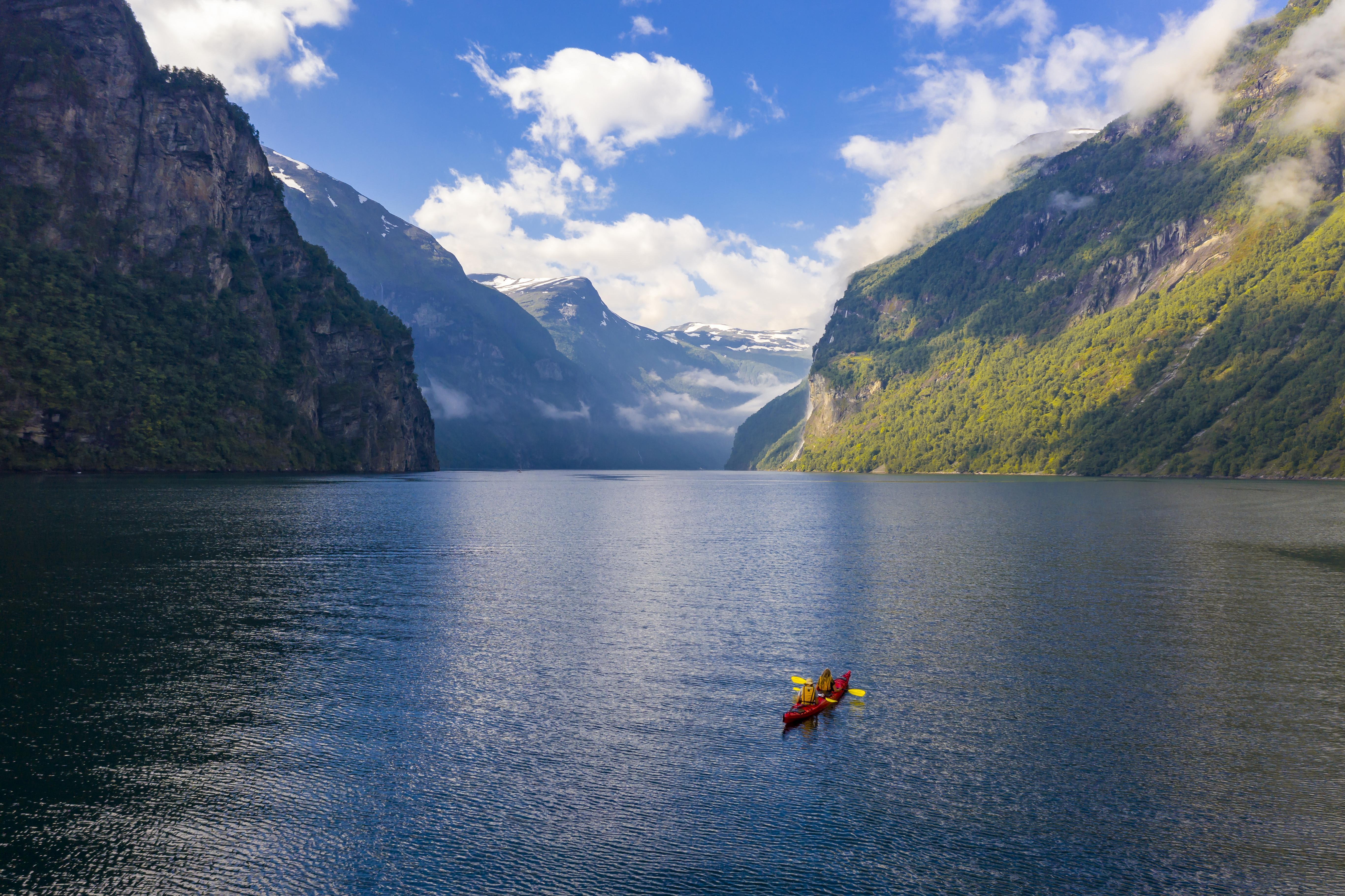Red Kayak In Geirangerfjord, Near Geiranger, Moere Og Romsdal, Norway 1307568898