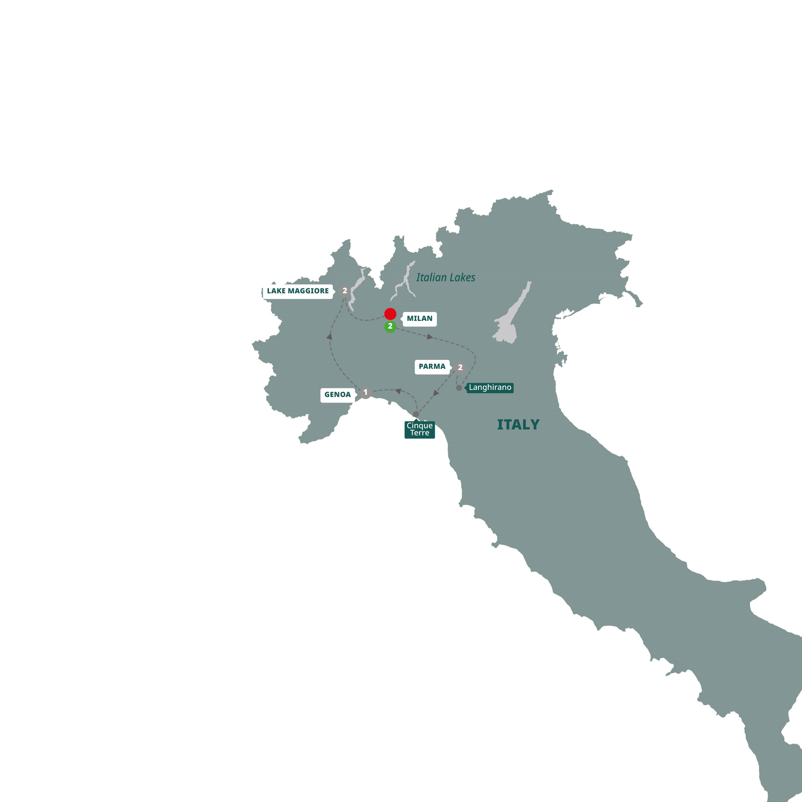 A map highlighting different stops on the Trafalgar's Northern Italy Including Cinque Terre tour