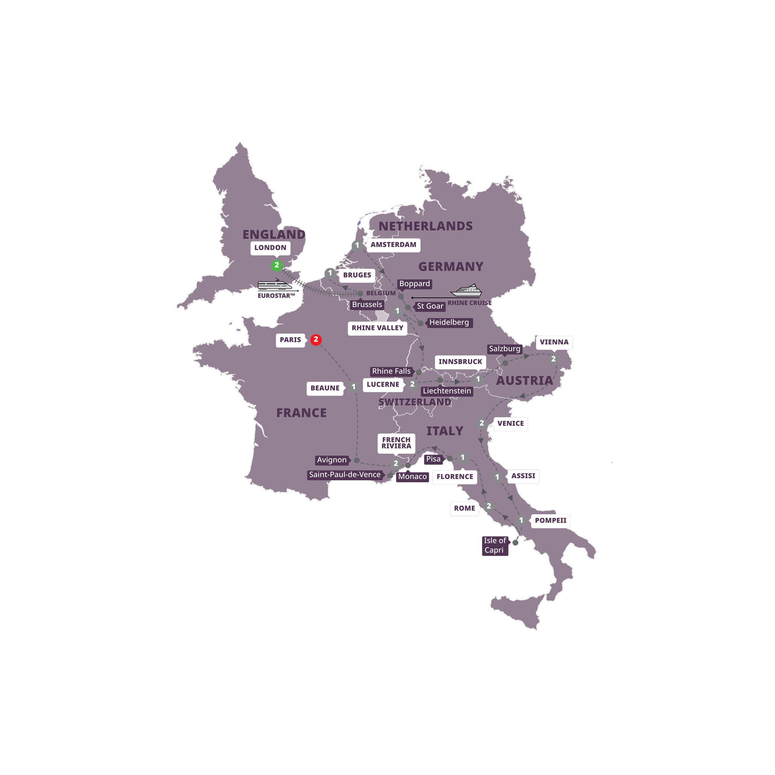 Grand European US London Paris Guided Tour Map 2026