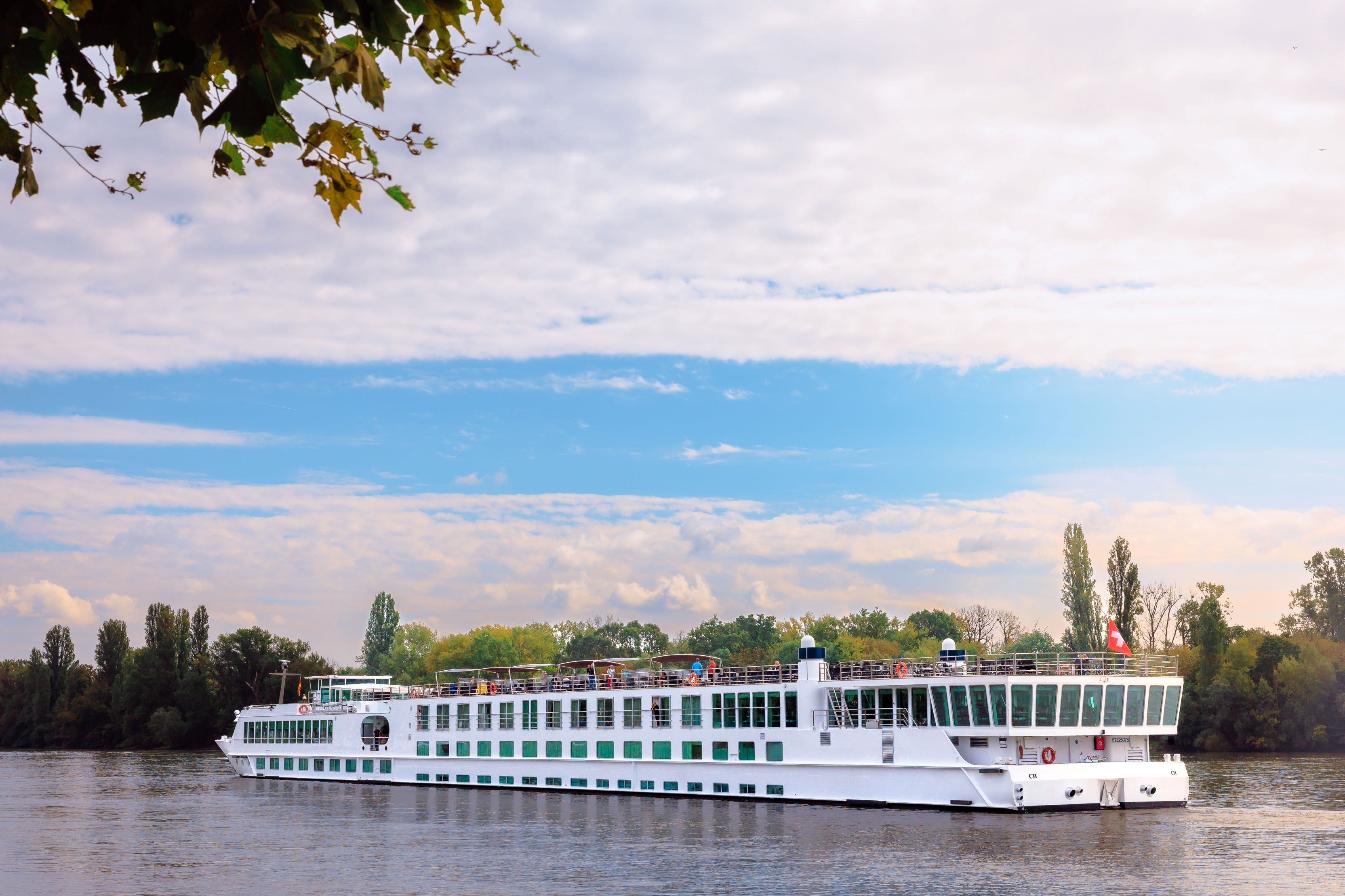 A river cruise ship moored on a European river.