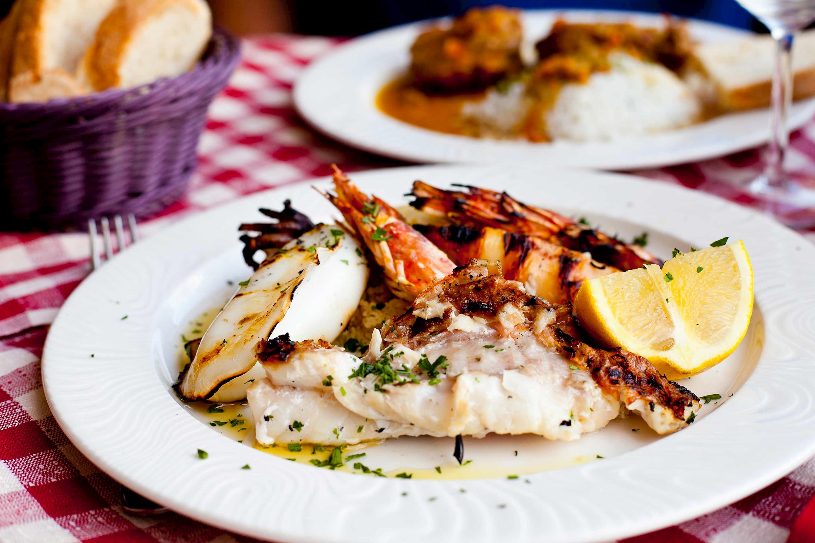 Italian Cuisine from Florence, Italy, including grilled calamari & prawns