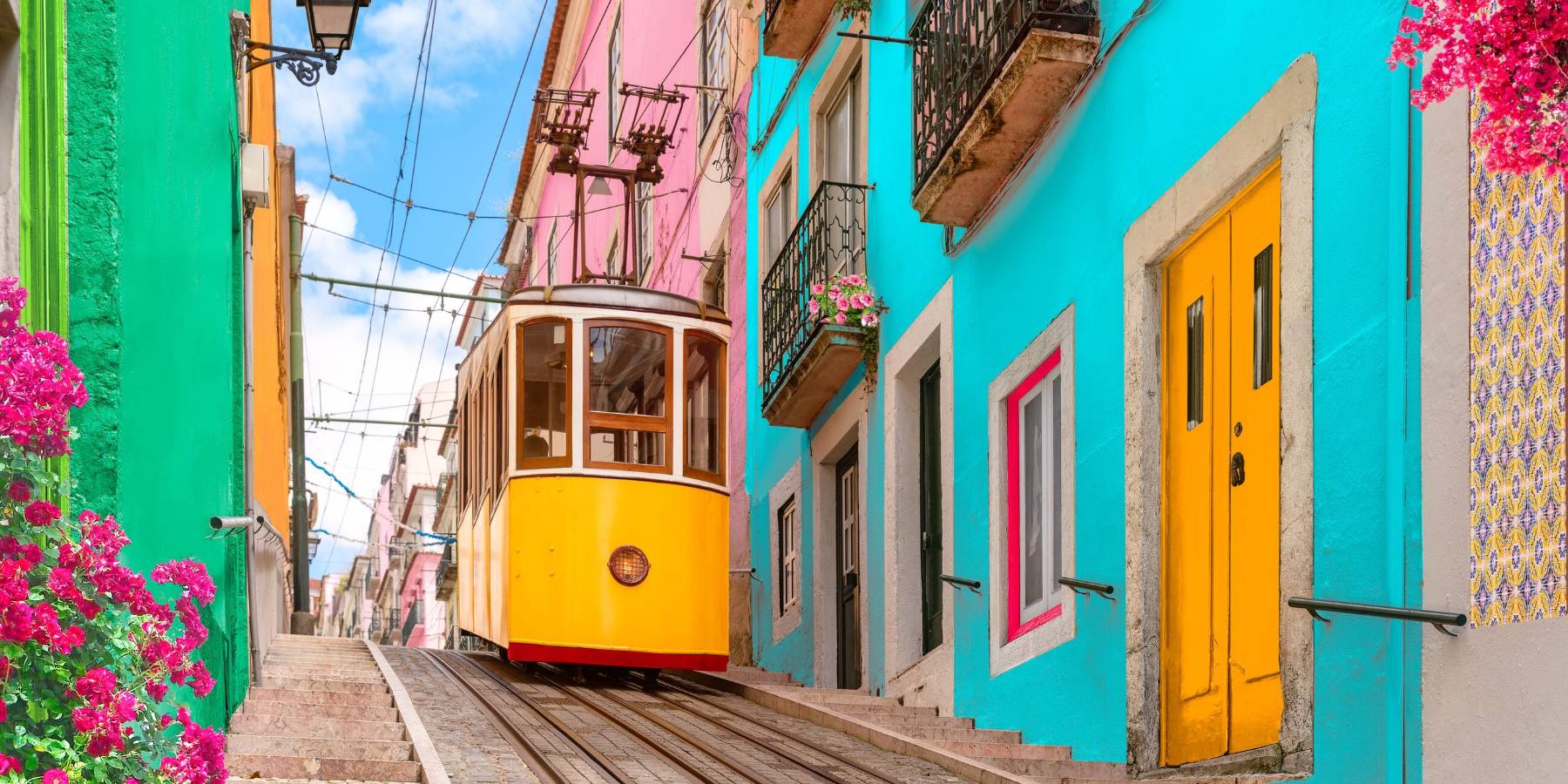 Typical yellow tram in Lisbon, Portugal