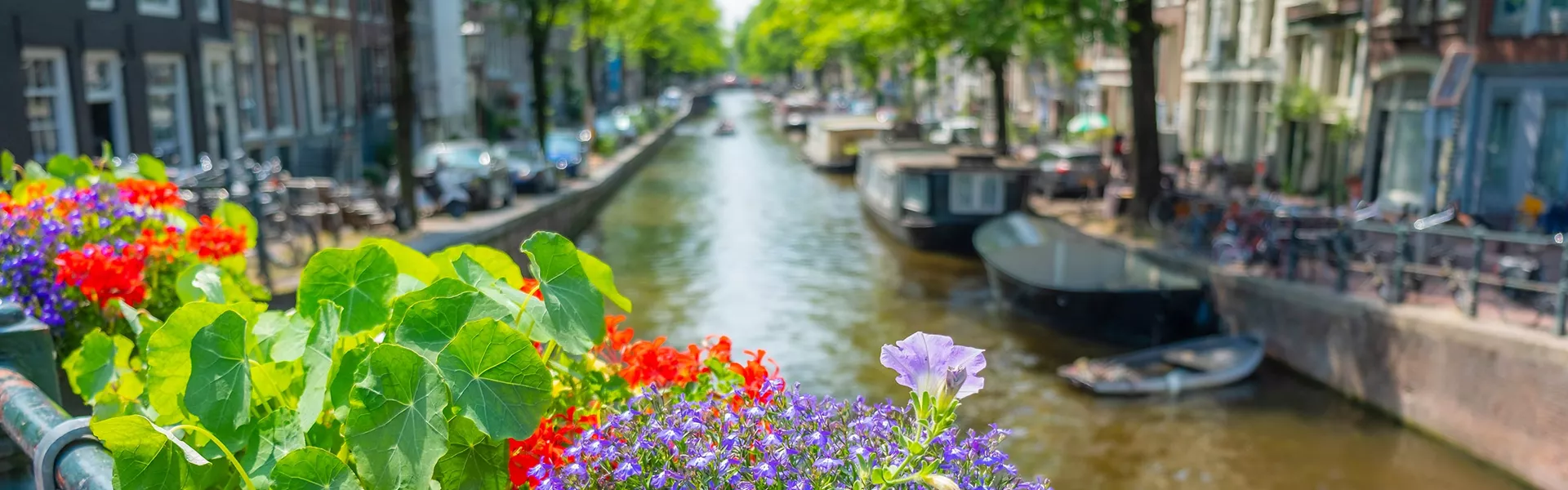 Canal and city landscape of Amsterdam in Netherlands