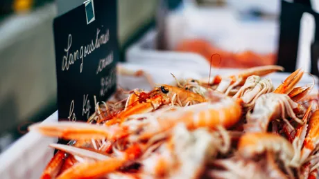 Stack of langoustines on a local market in Europe