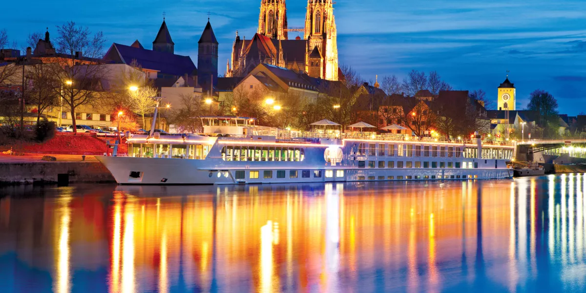 Exterior of ship on the Danube in the evening