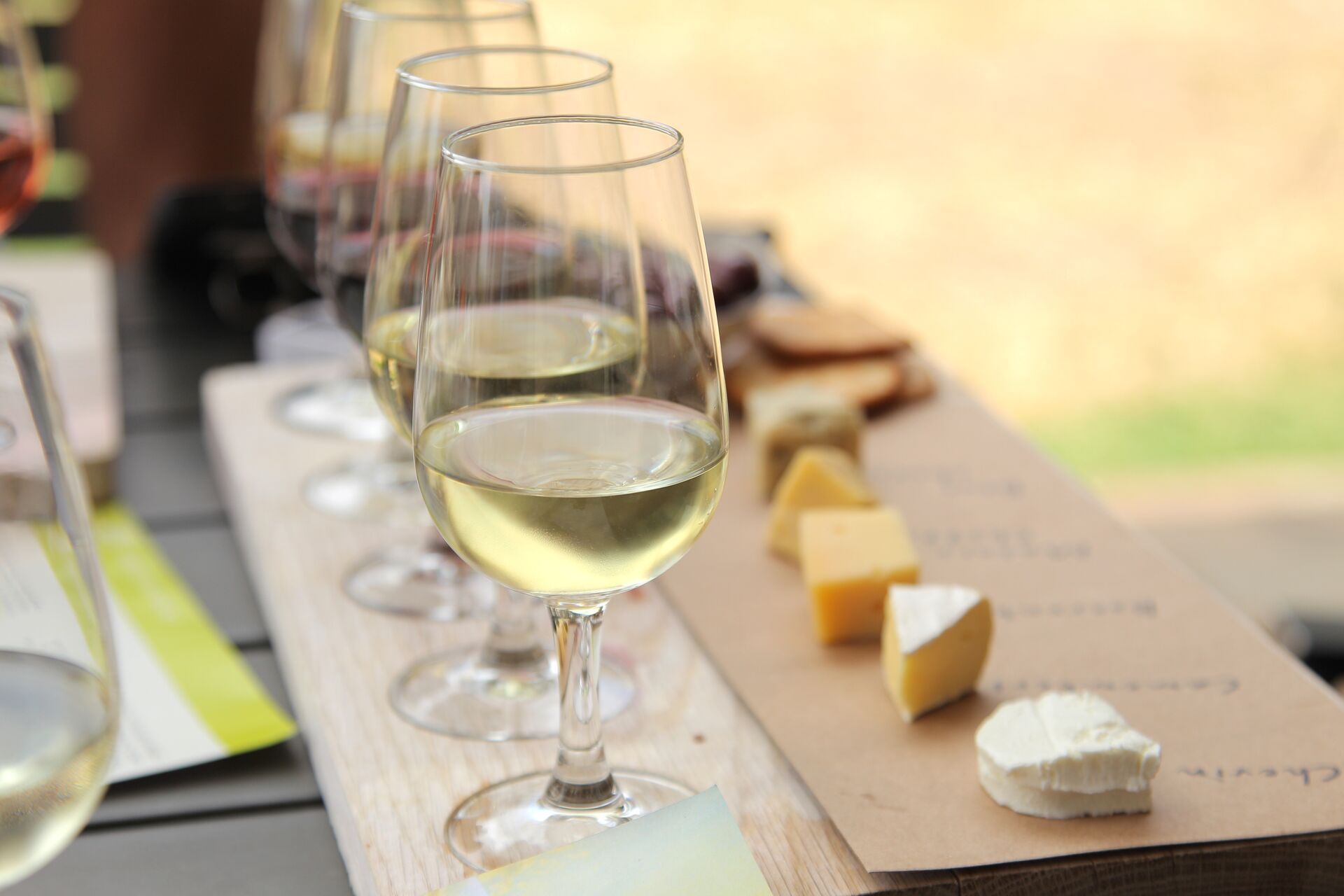 Glasses of wine and cheese during a wine and cheese tasting