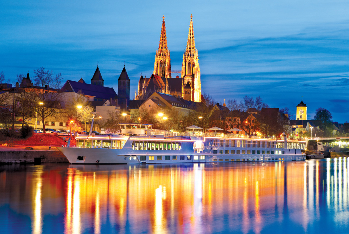 Exterior of ship on the Danube in the evening