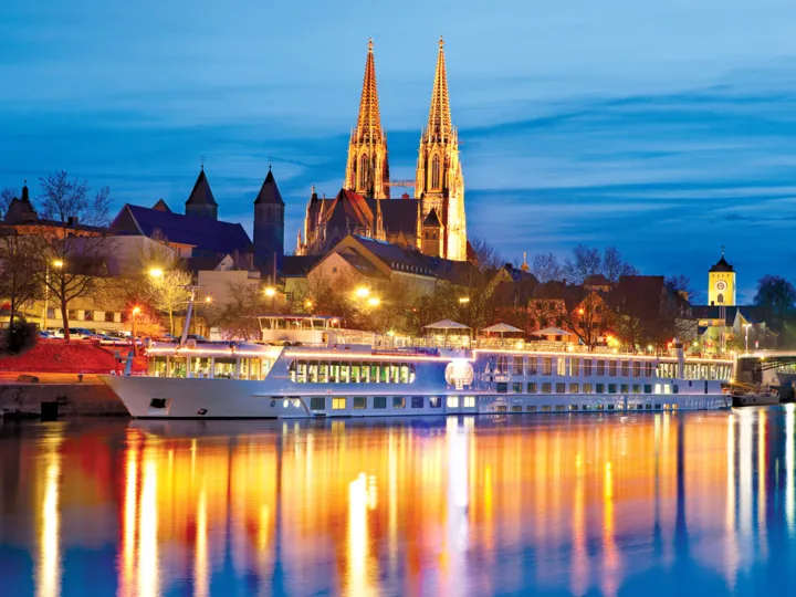Exterior of ship on the Danube in the evening