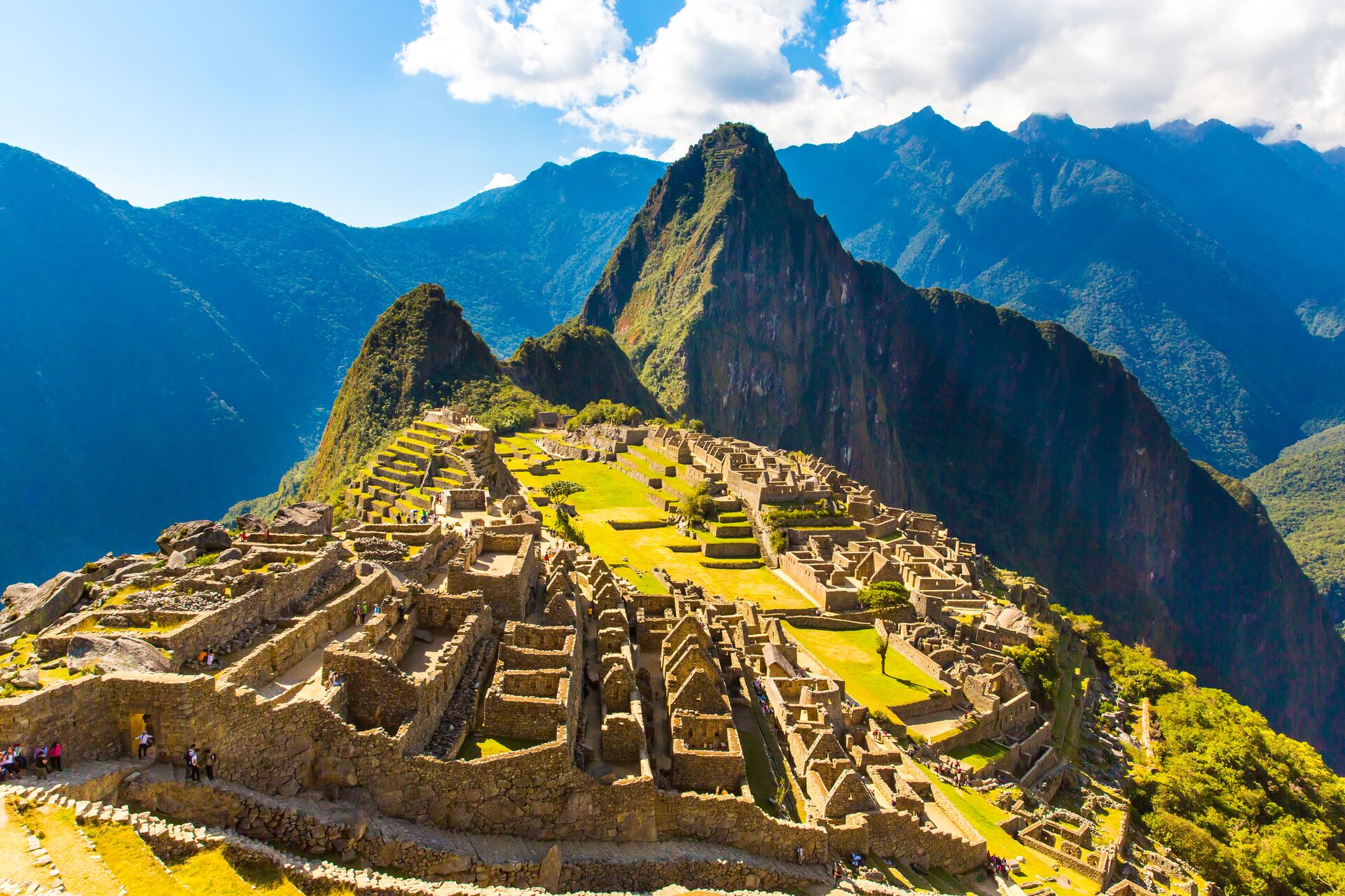 Aerial view of Machu Picchu on a sunny day in Peru, South America 
