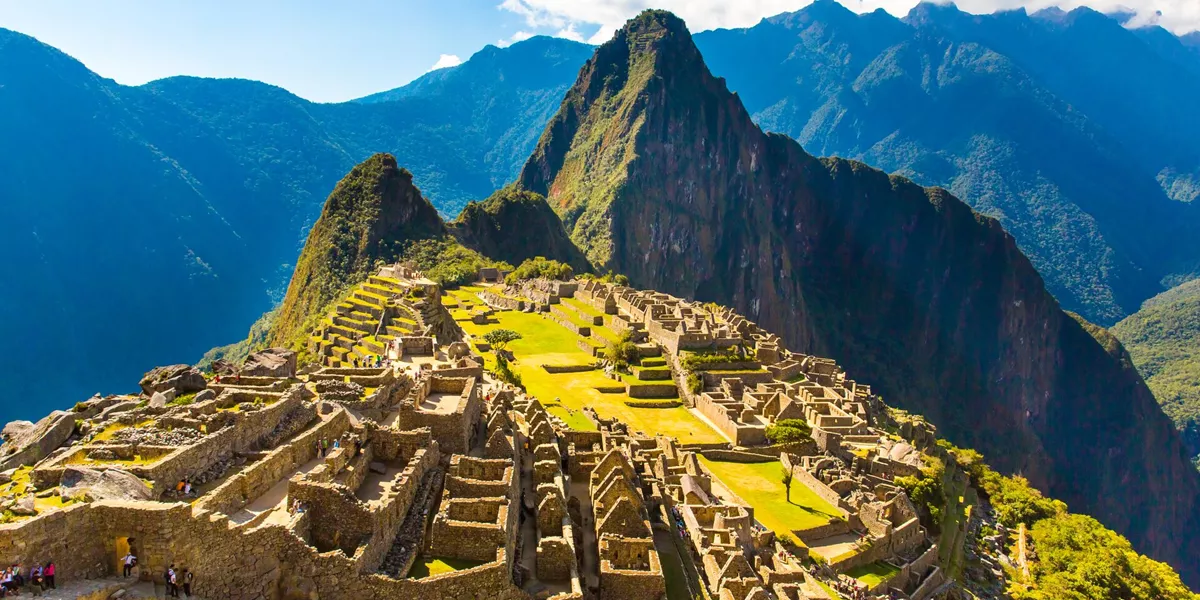 Aerial view of Machu Picchu on a sunny day in Peru, South America