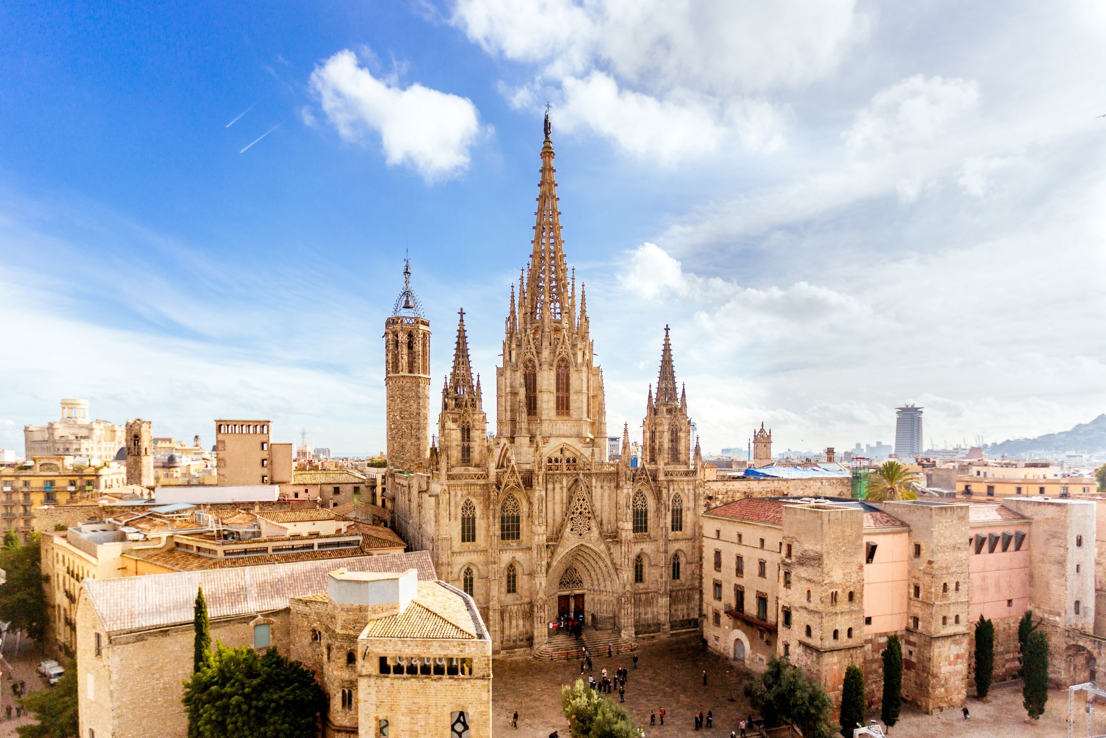 Aerial View Of Barcelona Skyline With Barcelona Cathedral Catalonia Spain
