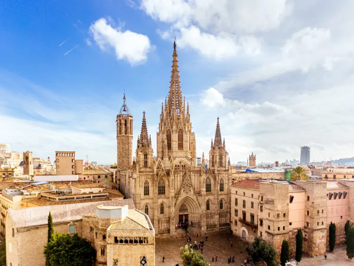 Aerial View Of Barcelona Skyline With Barcelona Cathedral Catalonia Spain