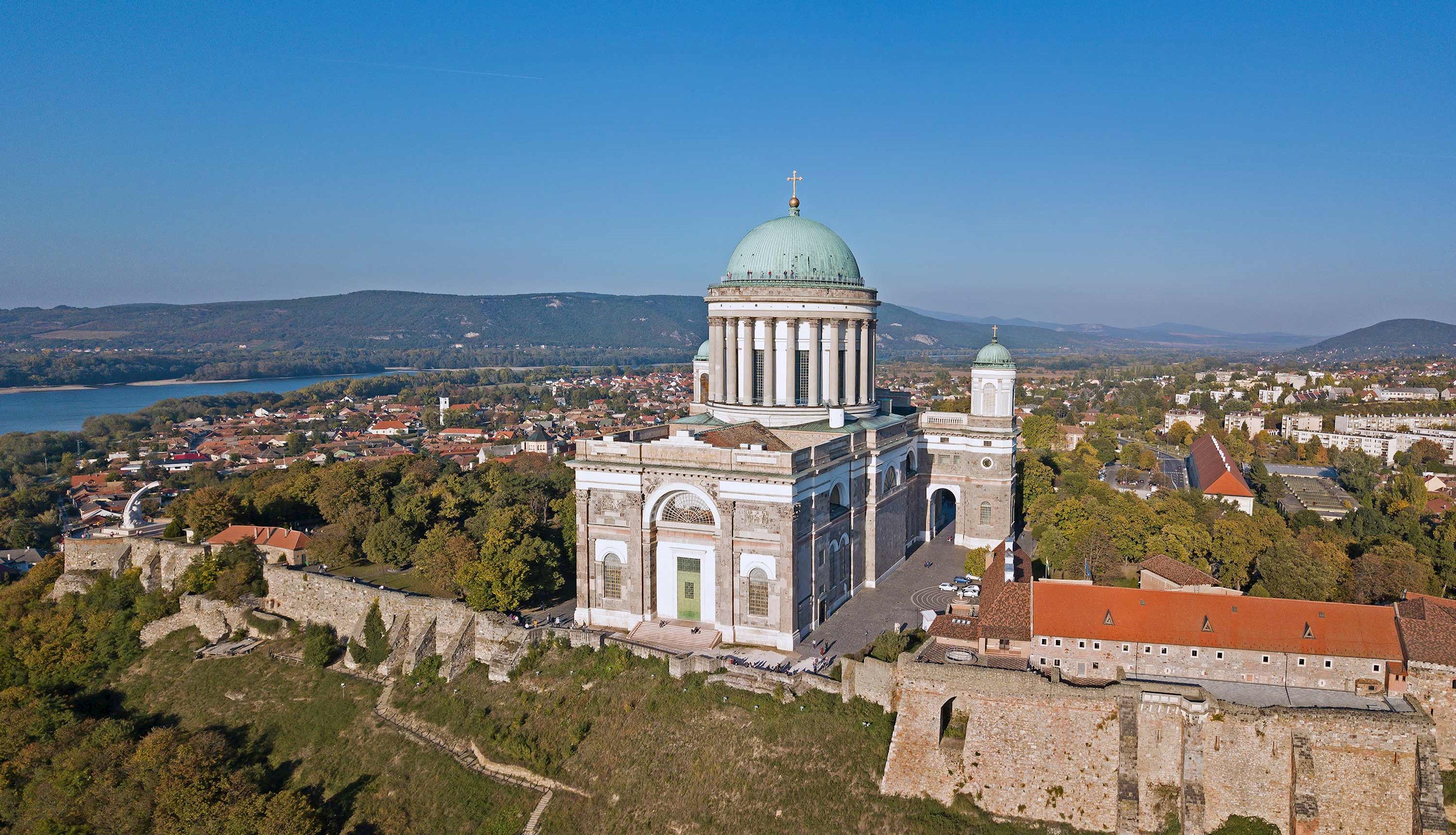 Aerial view of the Esztergom Basilica in Esztergom, Hungary