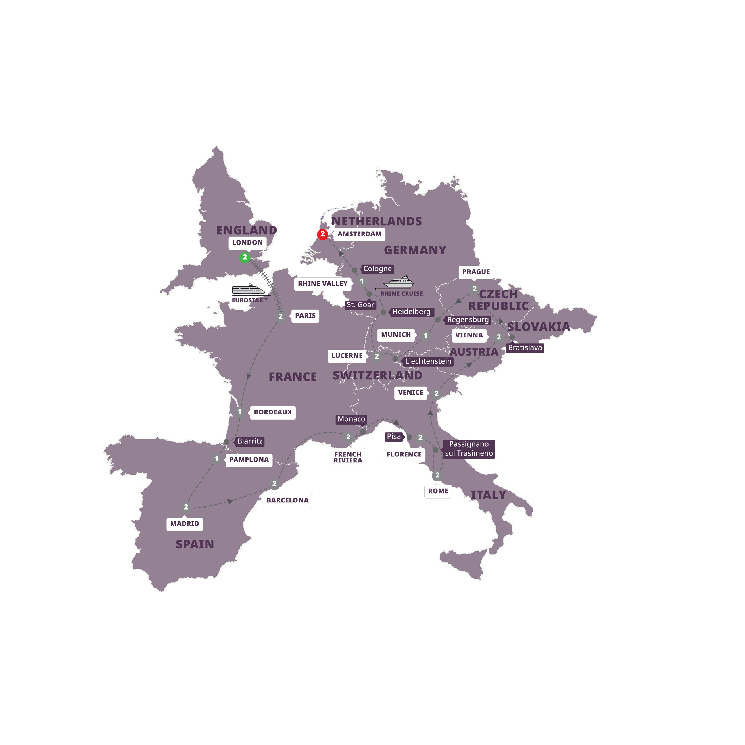 Great European US Guided Tour Map 2024