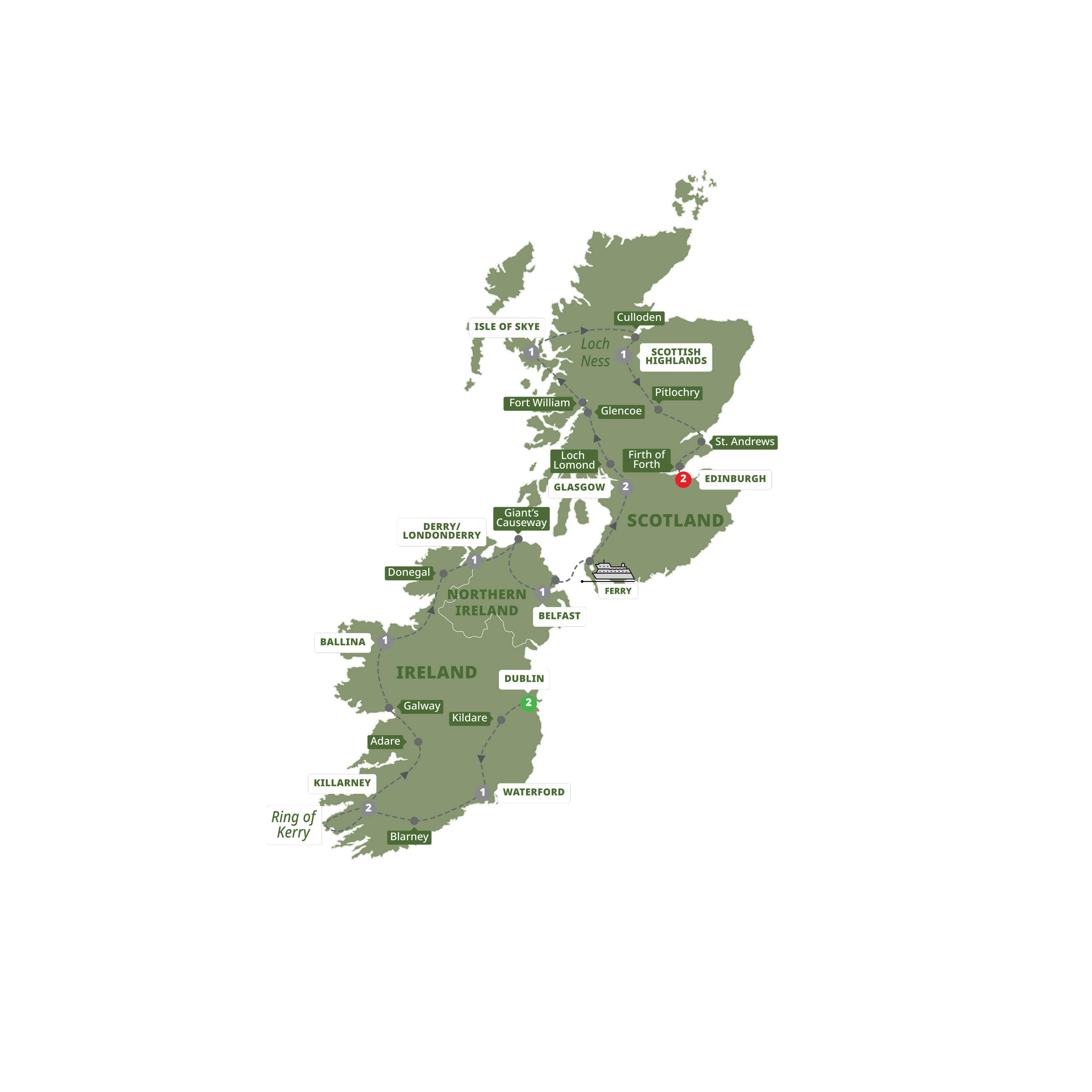 A map highlighting different stops on the Trafalgar Best of Ireland and Scotland tour