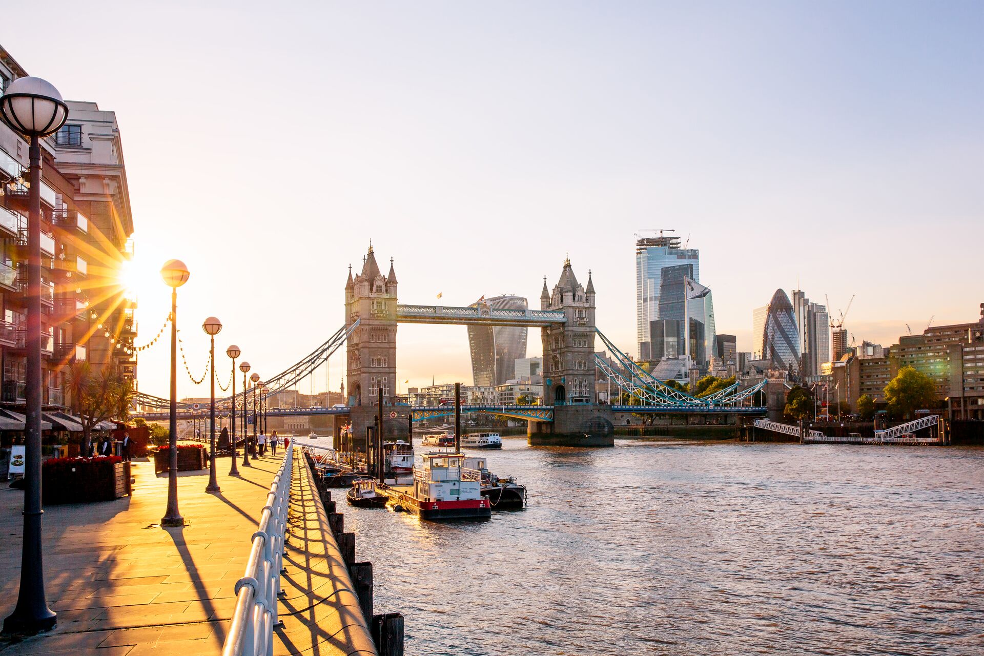 London Skyline With Tower Bridge And Skyscrapers Of London City At Sunset, England