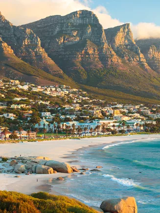 Camps Bay beach with the 12 Apostles mountain peaks in the background, Cape Town, South Africa