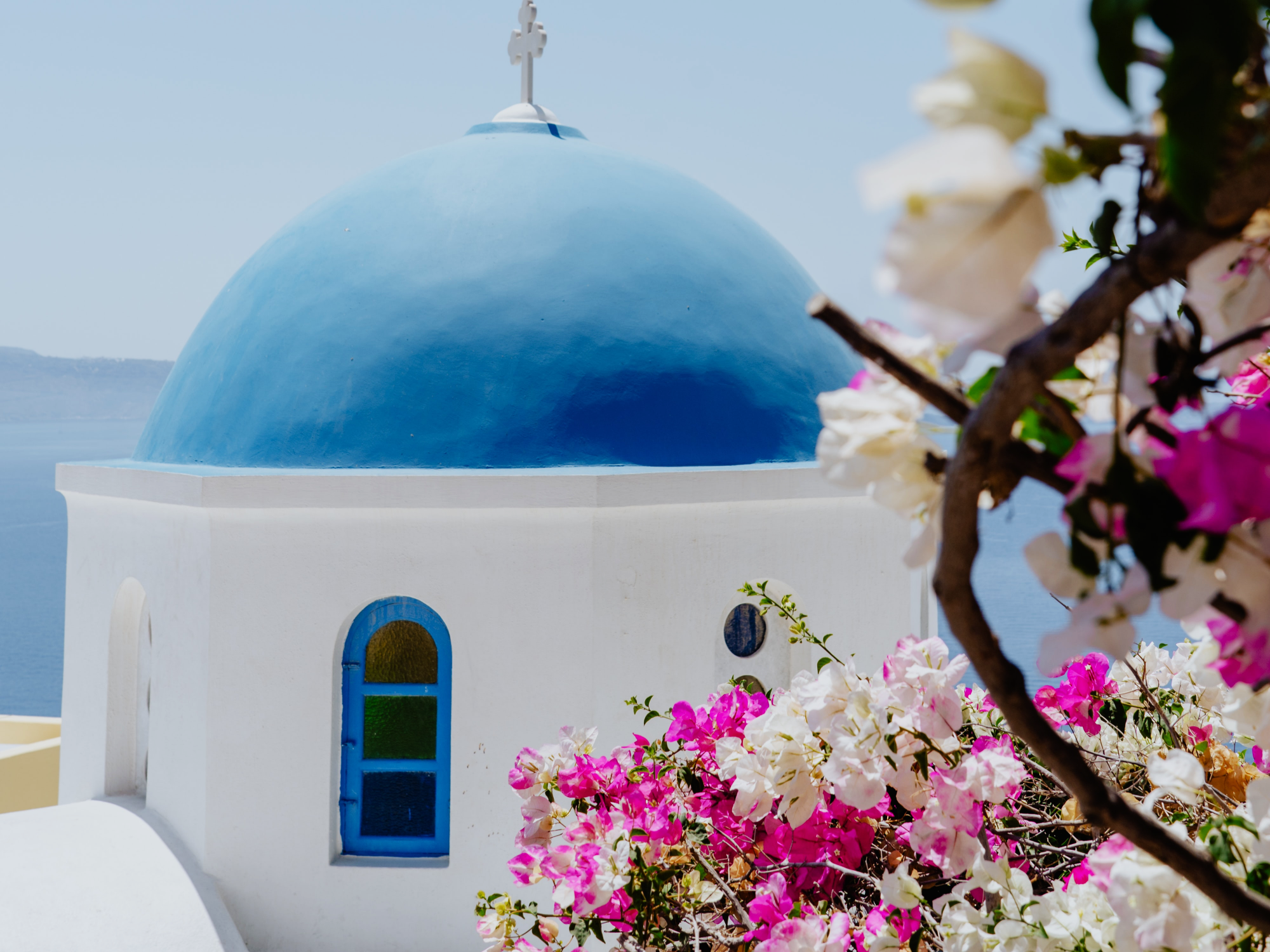 A blue dome in Santorini, Greece