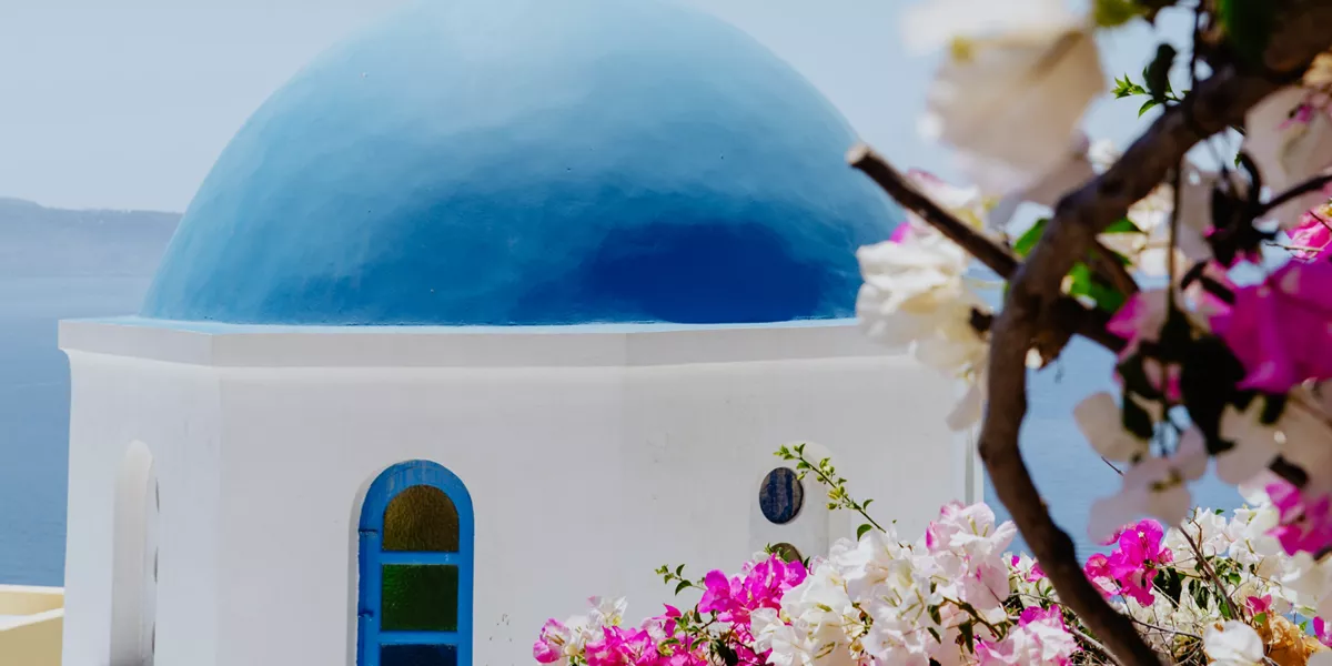 A blue dome in Santorini, Greece