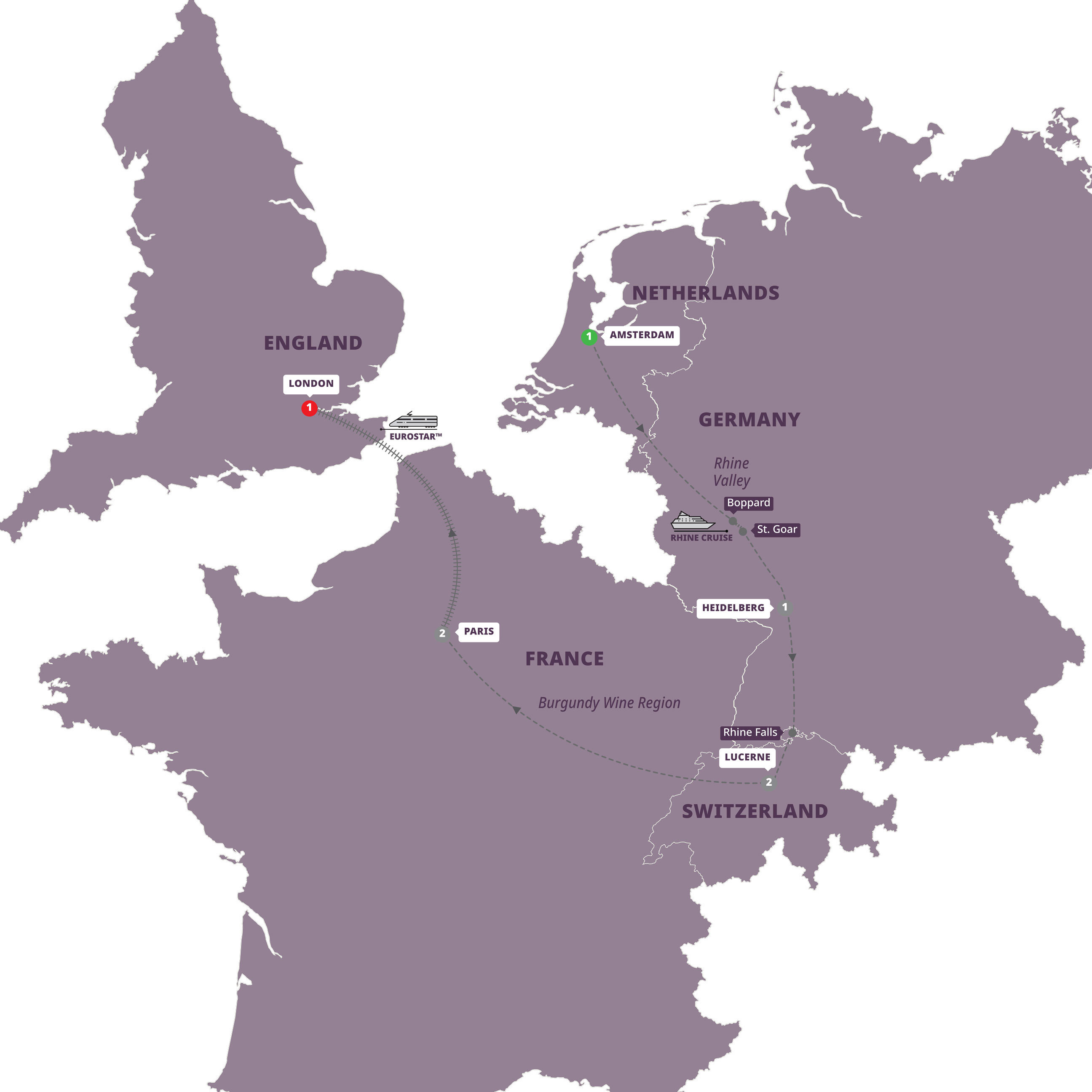 European Highlights Eurostar Option Guided Tour Map