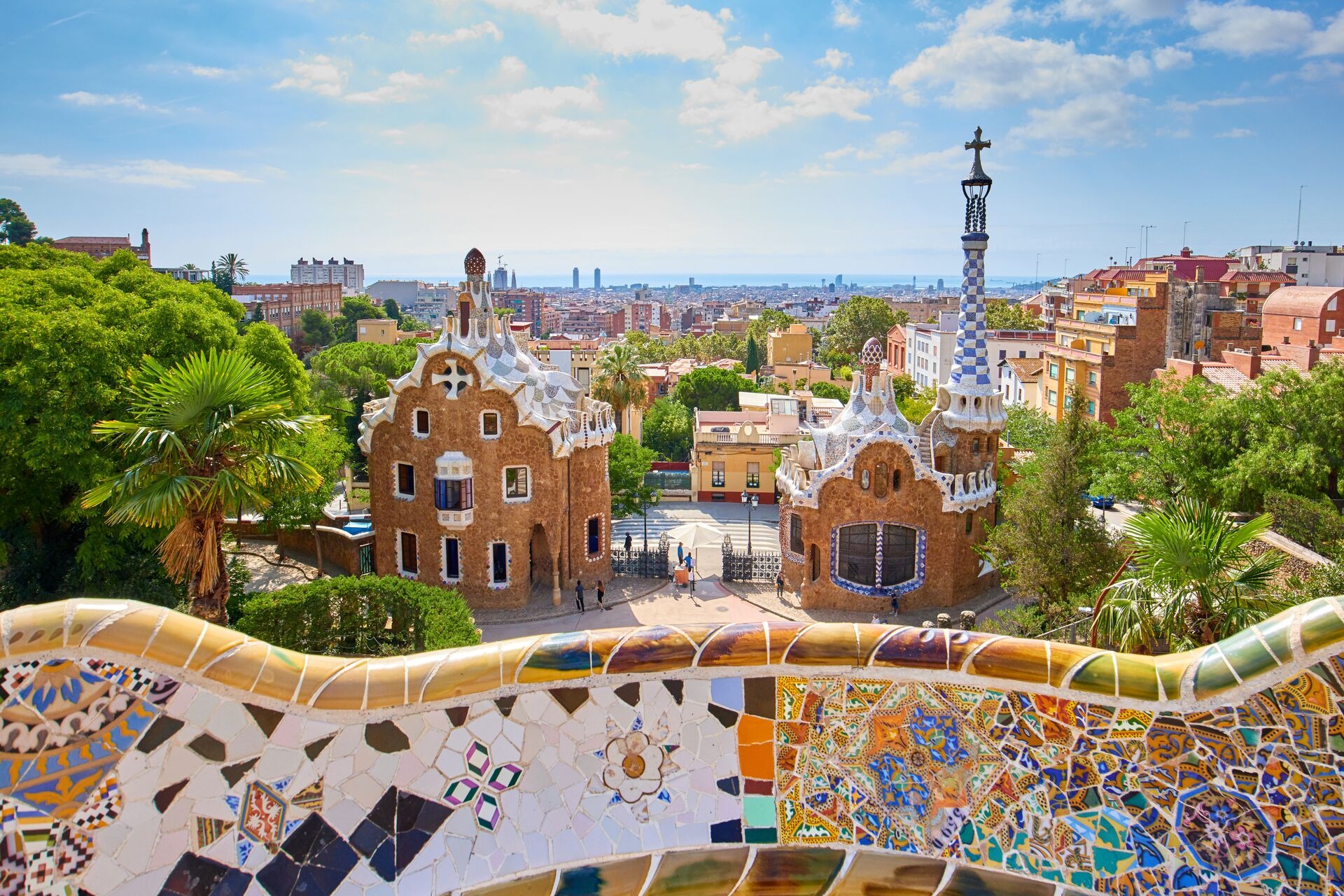 View on Park Guell in Barcelona from colourful balcony