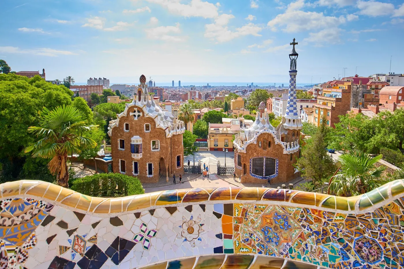 View on Park Guell in Barcelona from colourful balcony