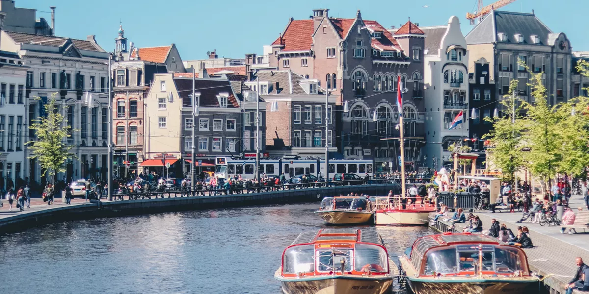 Old city canal in  Amsterdam, Netherlands