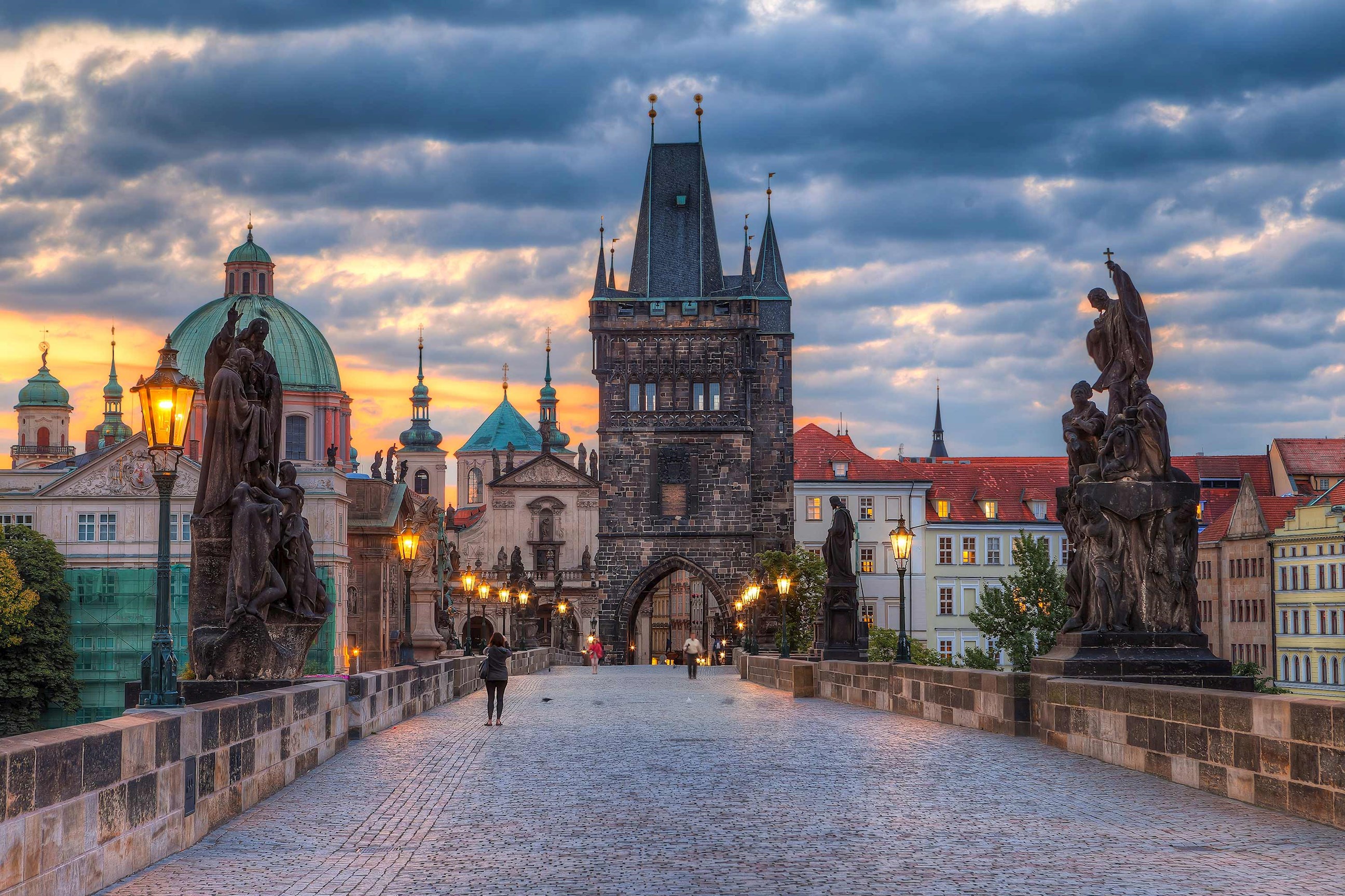 A sunset view of Prague from the Charles Bridge 