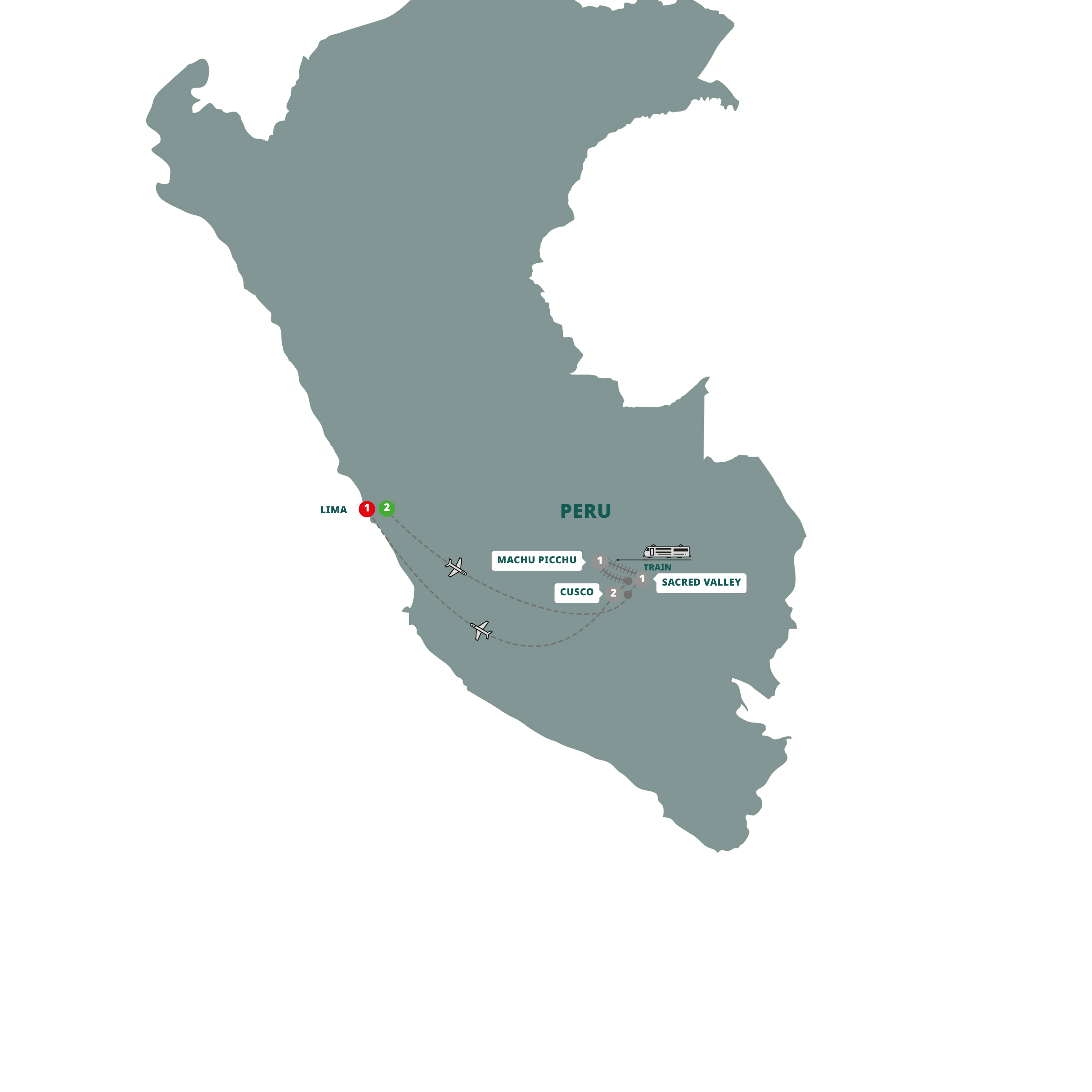 A map highlighting different stops on the Trafalgar's Highlights of Peru tour