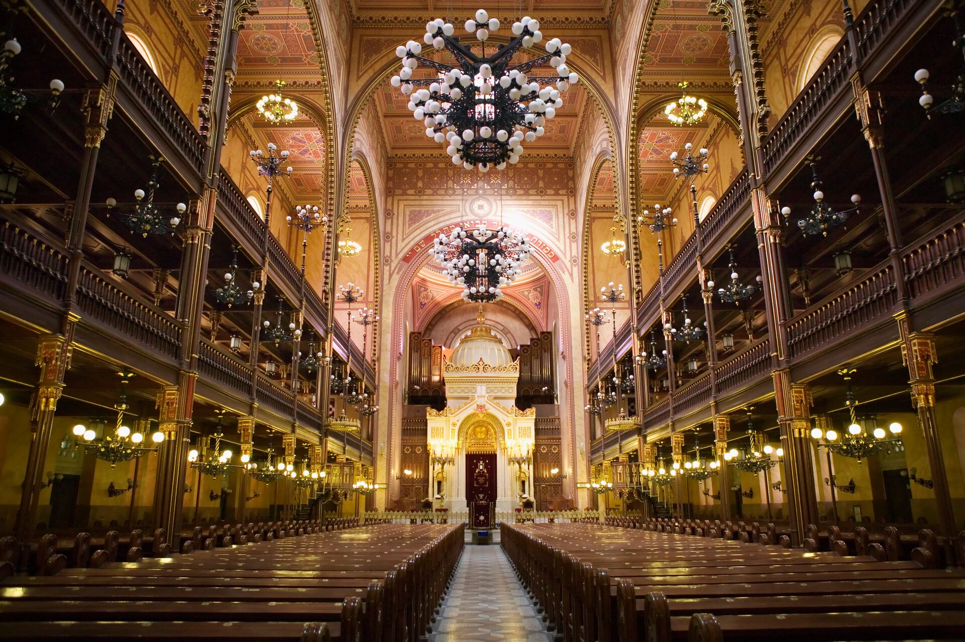 The interior of the Great Synagogue in Budapest, Hungary which was rebuilt after WWII