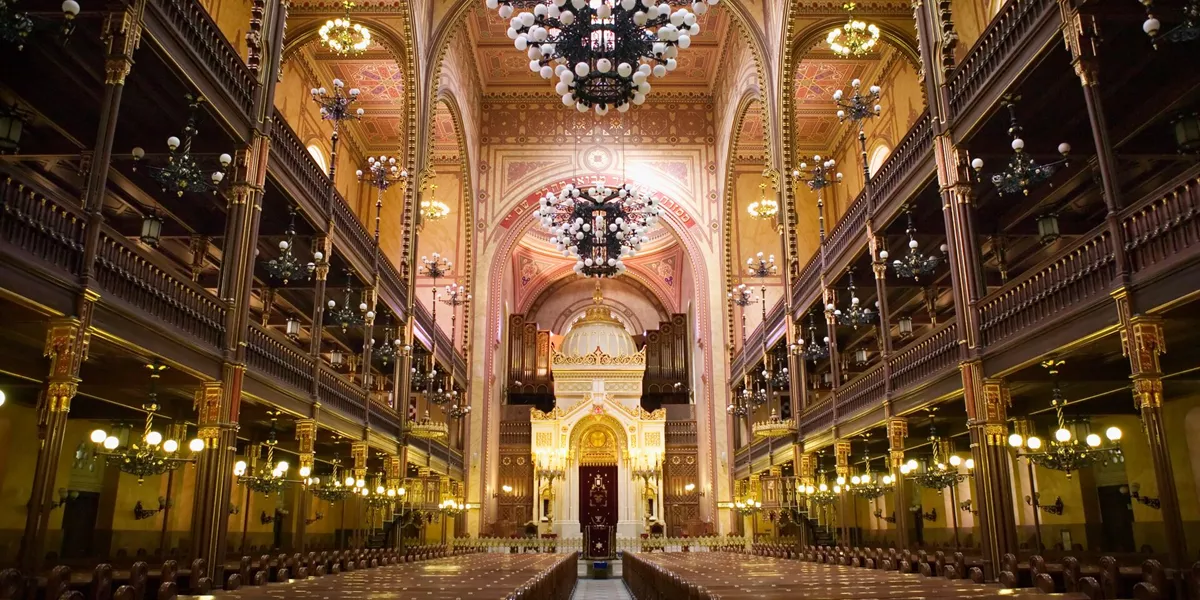 The interior of the Great Synagogue in Budapest, Hungary which was rebuilt after WWII