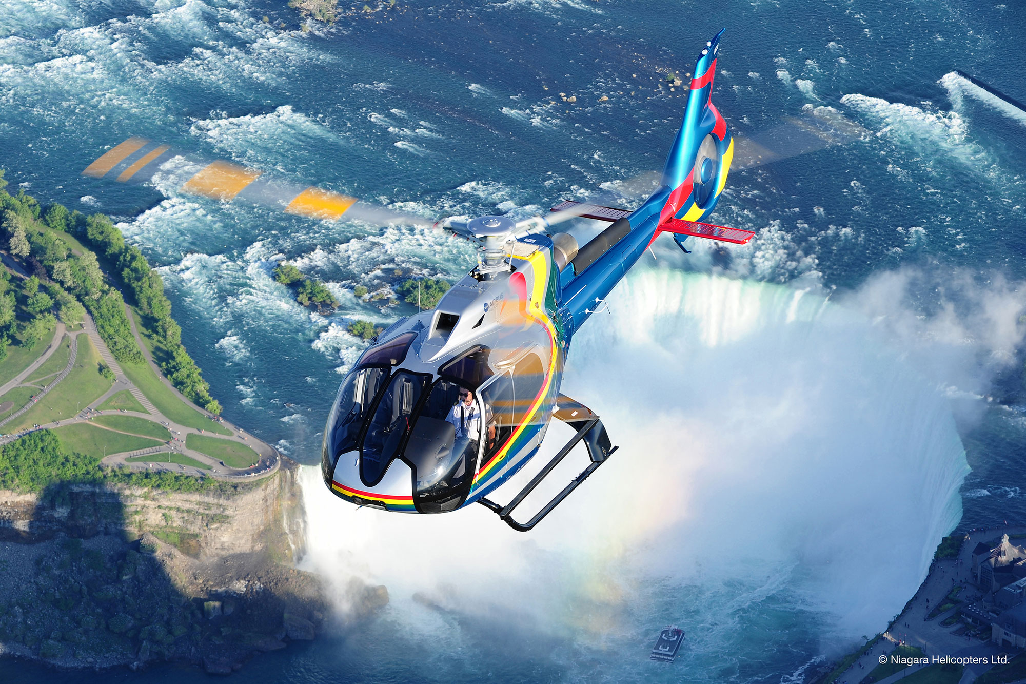Aerial view of a helicopter flying over Niagara Falls, New York, USA