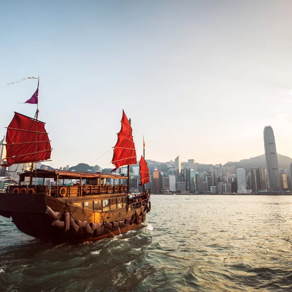 Traditional Junk Boat At The Victoria Harbour, Hong Kong