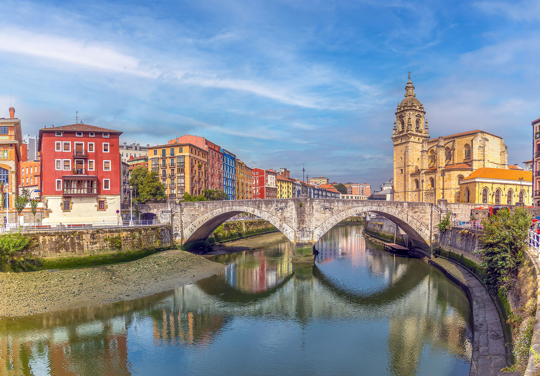 Scenic view of the Church of San Anton and San Anton Bridge in Bilbao, Spain