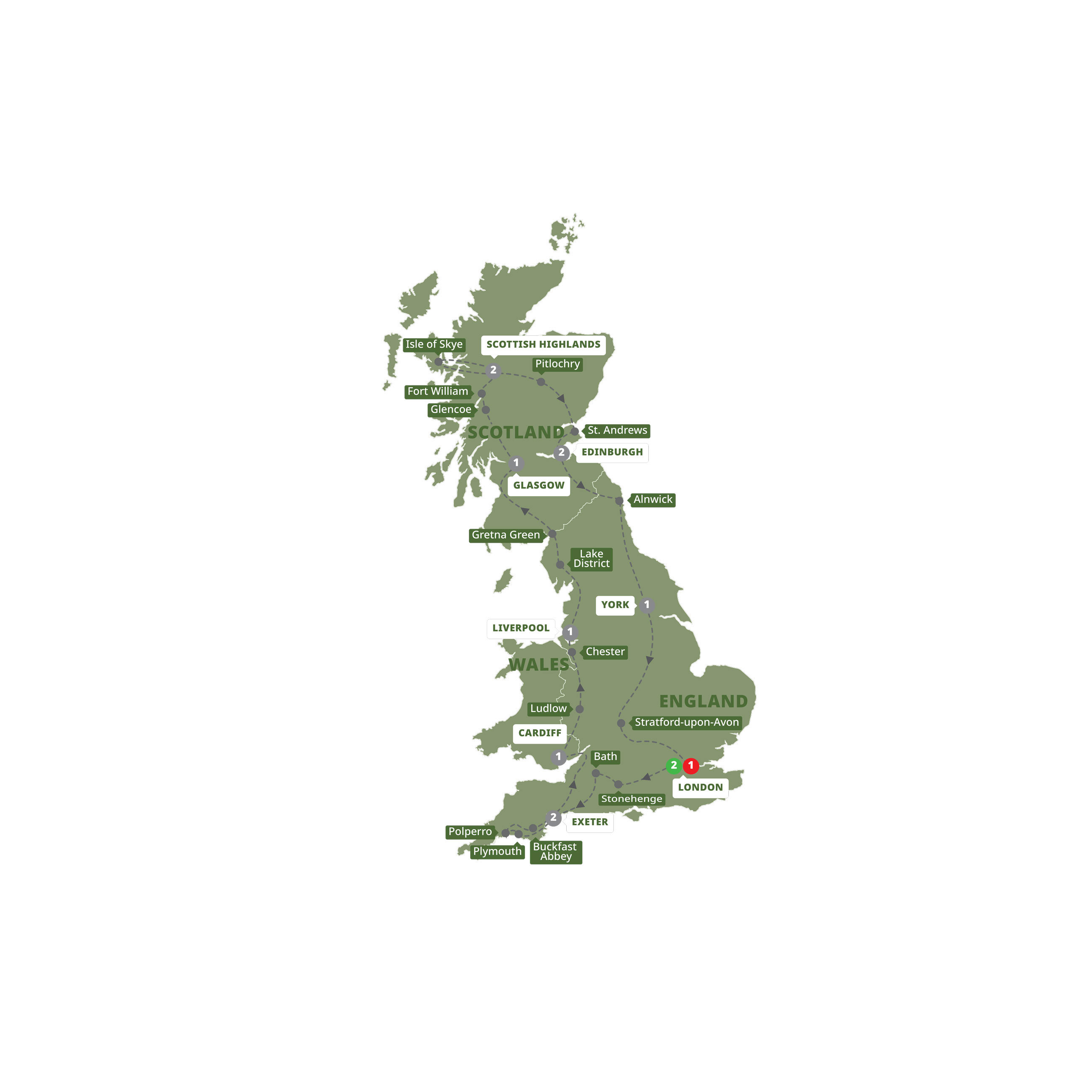A map highlighting different stops on the Trafalgar's Best of Britain tour